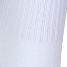 Textured view of a long length ribbed white combed cotton seamless toe anklet.