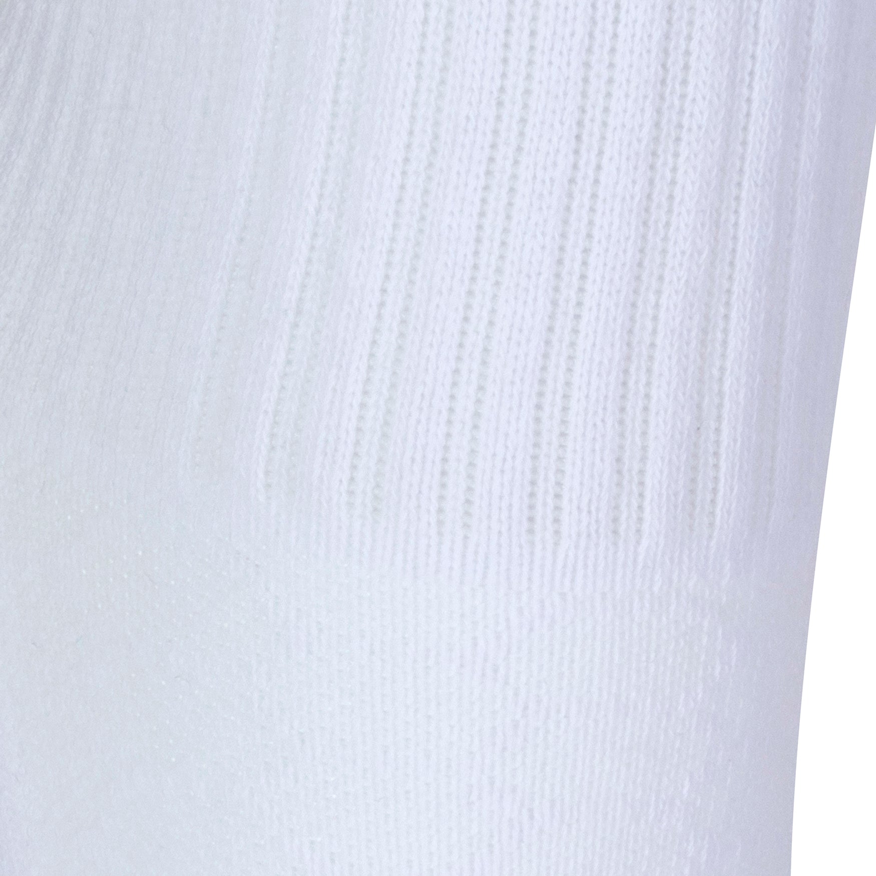 Textured view of a long length ribbed white combed cotton seamless toe anklet.