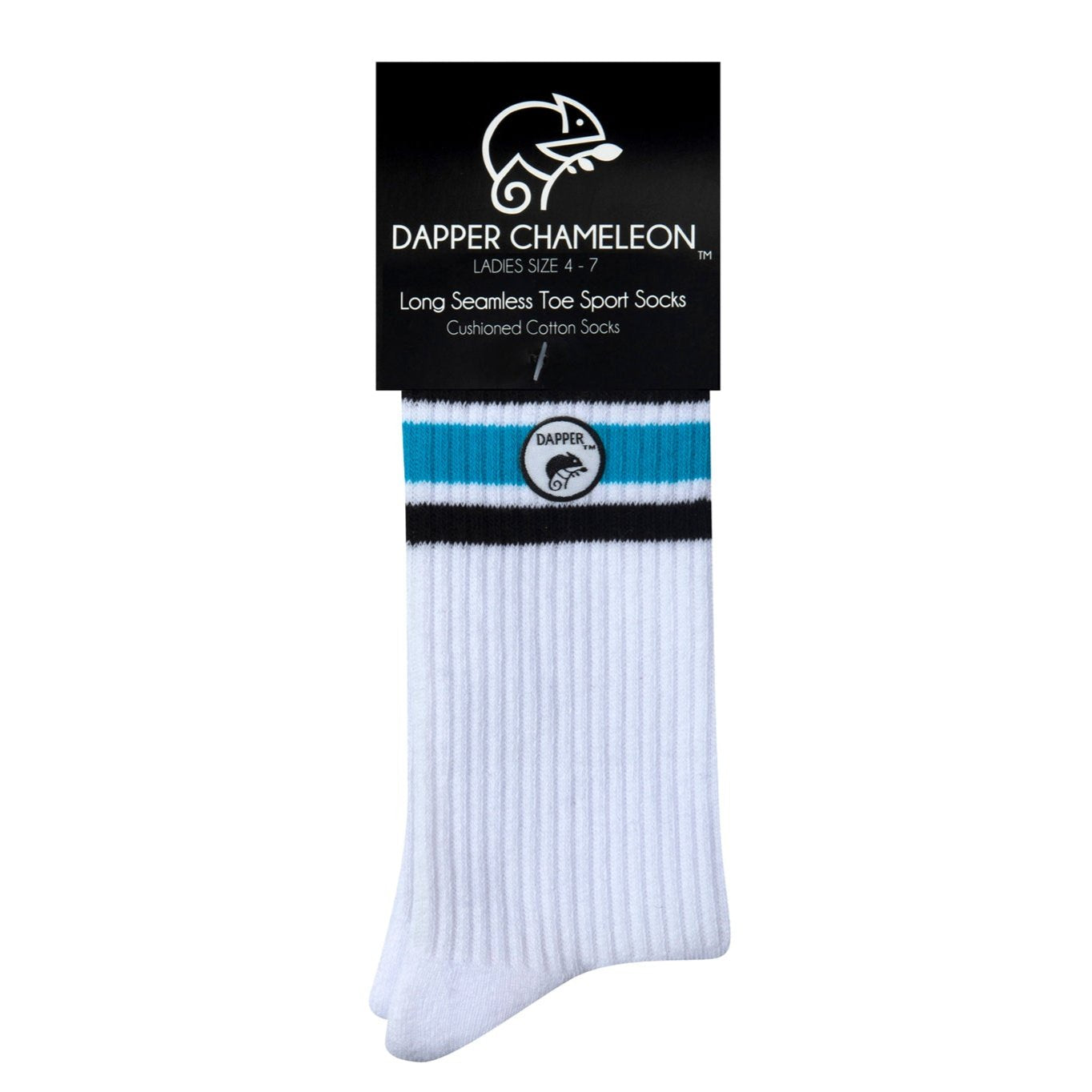 Header card packaging of a long length ribbed white combed cotton seamless toe anklet with black and sky blue stripes with a white heel and toe, cushioned foot and circular gripper around the arch of the foot.