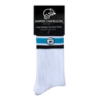 Header card packaging of a long length ribbed white combed cotton seamless toe anklet with black and sky blue stripes with a white heel and toe, cushioned foot and circular gripper around the arch of the foot.