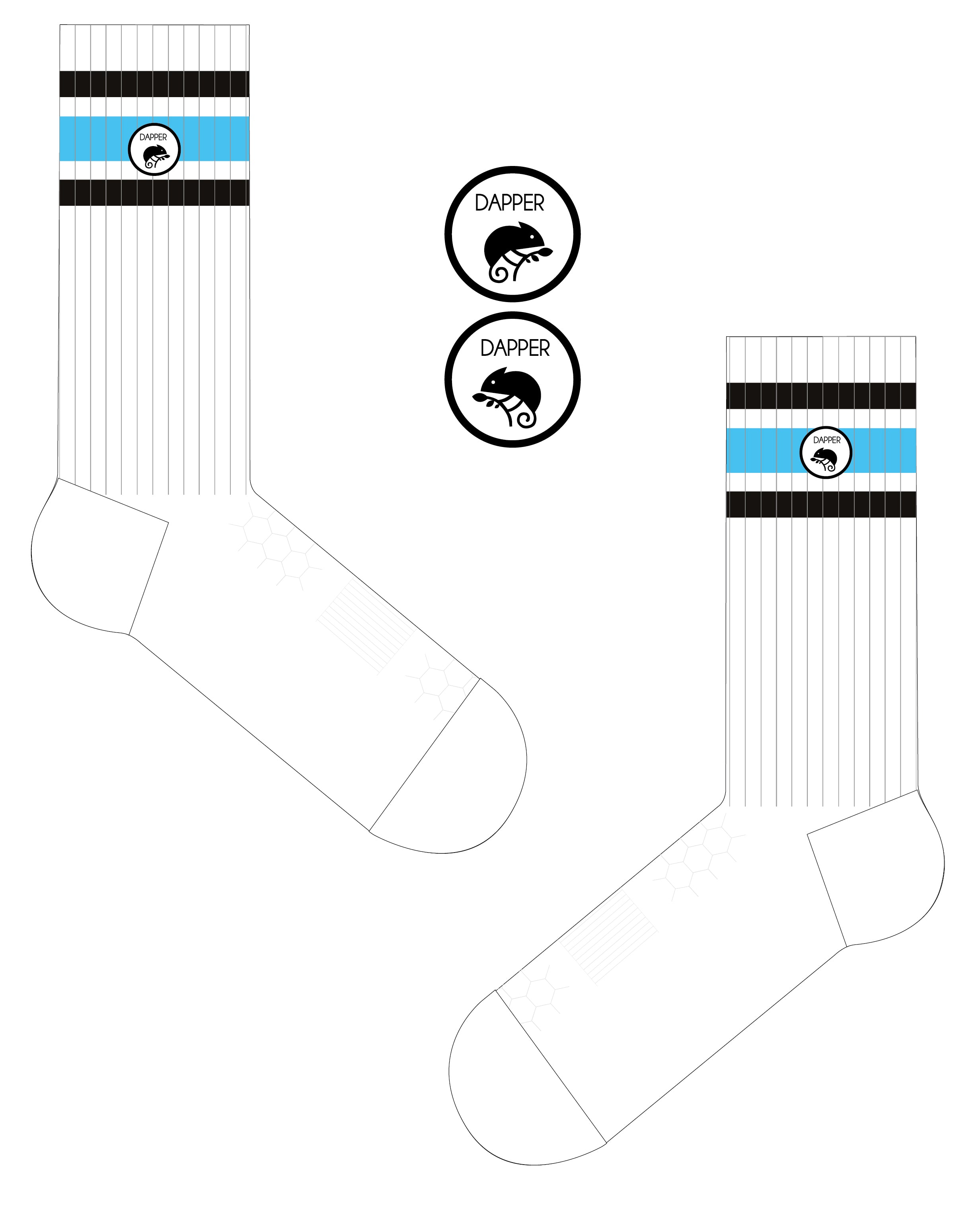 A Computer-Aided Design of a long length ribbed white combed cotton seamless toe anklet with black and sky blue stripes with a white heel and toe, cushioned foot and circular gripper around the arch of the foot.