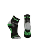 Black quarter length seamless toe sport sock with grey and neon green stripes with a grey cushioned heel and toe.