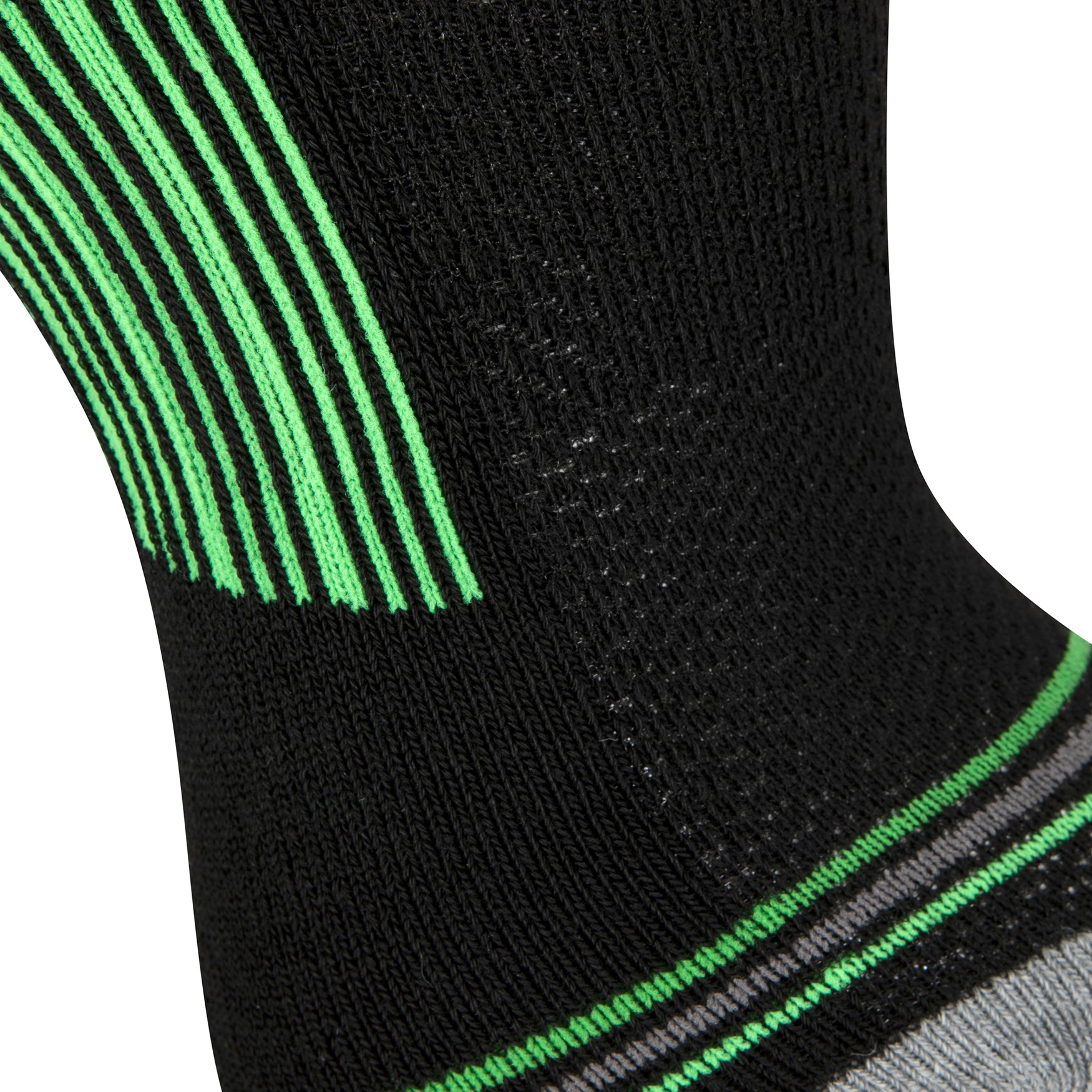 Textured view of the black quarter length seamless toe sport sock with grey and neon green stripes with a grey cushioned toe.