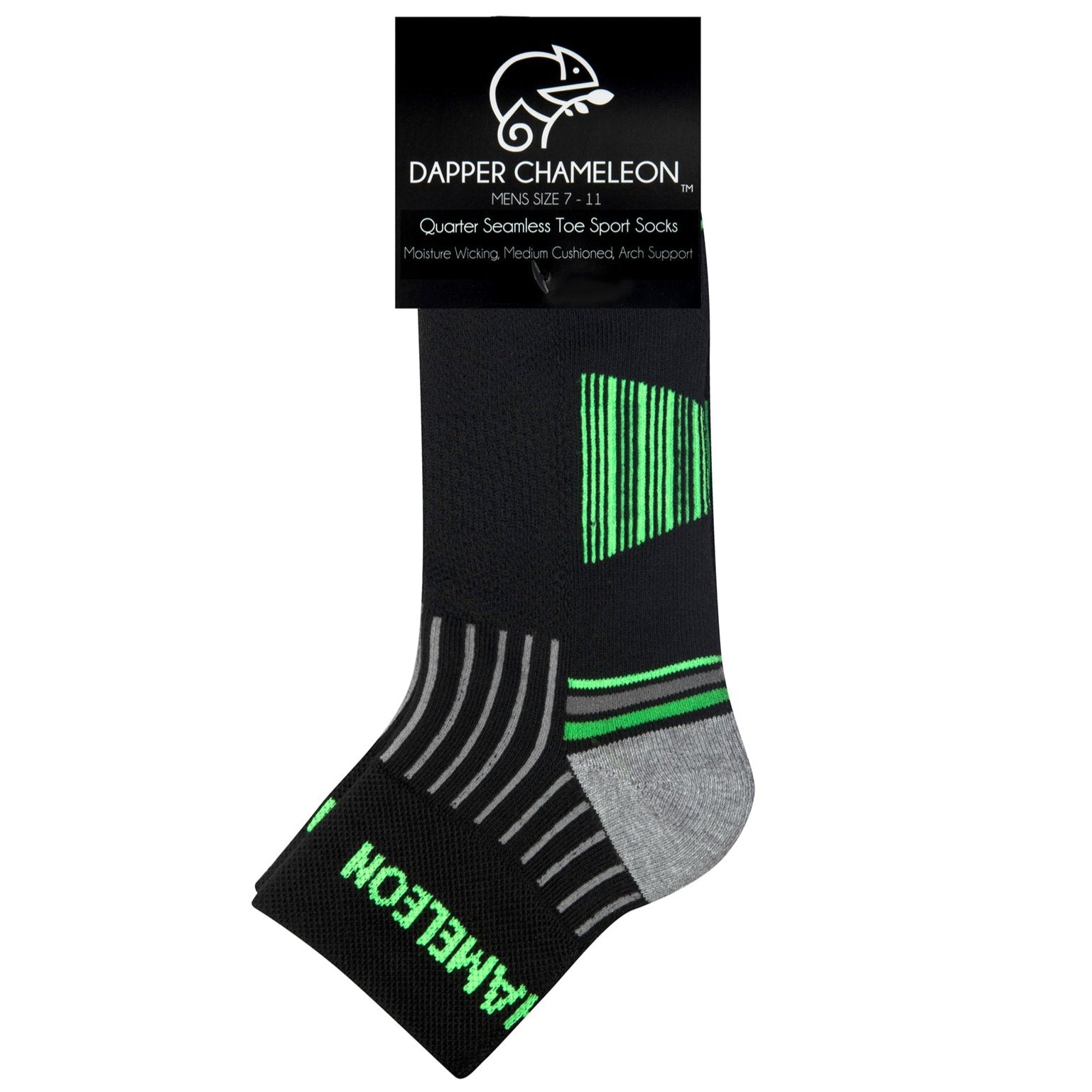 Header card packaging of a black quarter length seamless toe sport sock with grey and neon green stripes with a grey cushioned heel and toe.