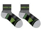 A Computer-Aided Design of a black quarter length seamless toe sport sock with grey and neon green stripes with a grey cushioned heel and toe.