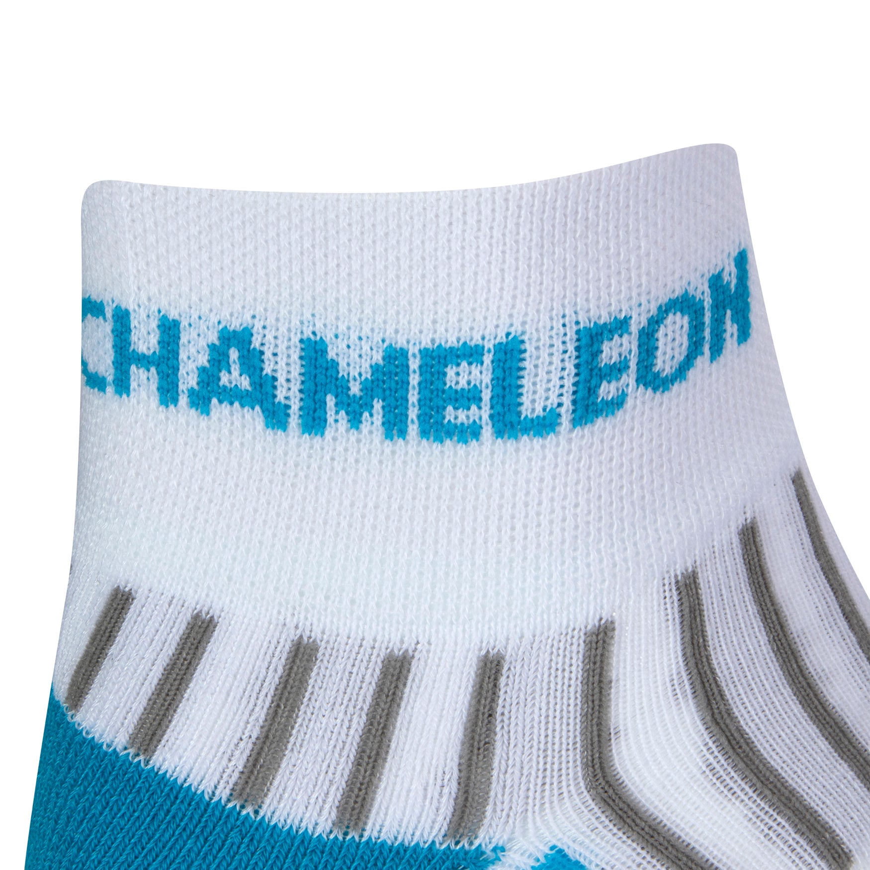 Side view of a white quarter length seamless toe sport sock with grey and sky blue stripes with a sky blue cushioned heel with sky blue Dapper Chameleon wording on the cuff.