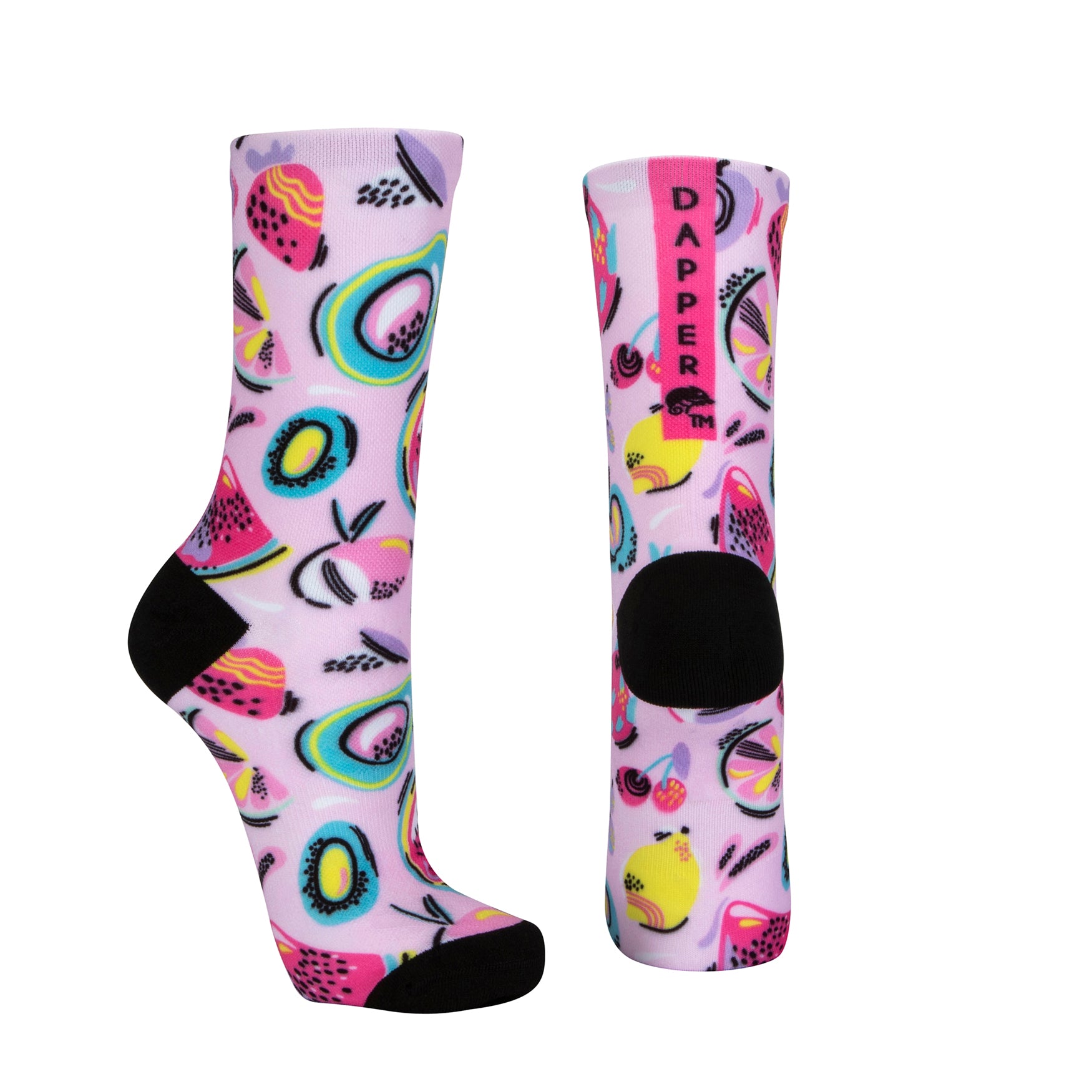 Pink seamless toe sock with multi-colour fruit pop art print design and black heel and toe.