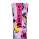 Back view of a pink seamless toe sock with multi-colour fruit pop art print design with a pink strip with Dapper Chameleon wording and logo in black.