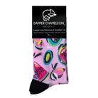 Header card packaging of a pink seamless toe sock with multi-colour fruit pop art print design and black heel and toe.