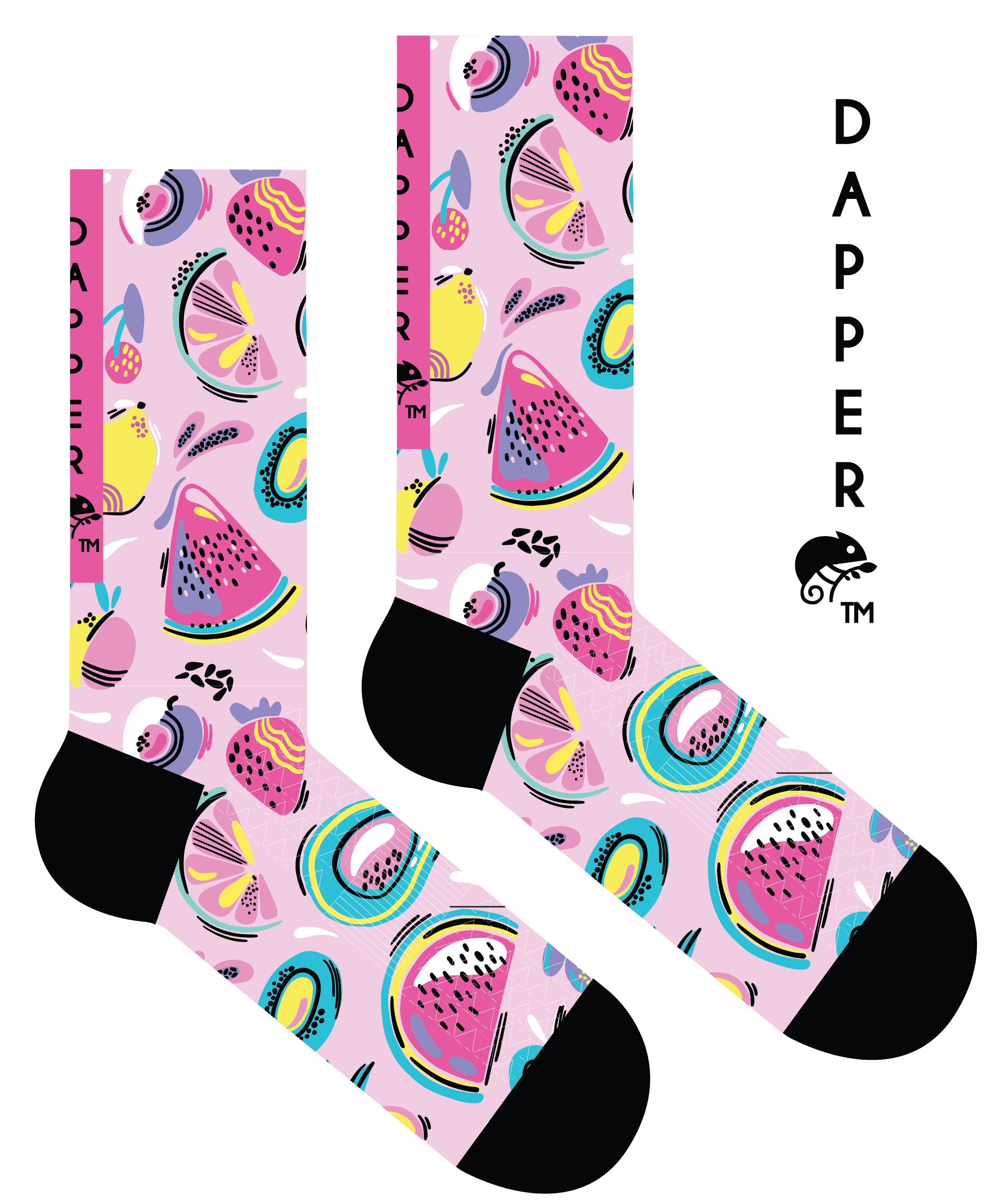 A Computer-Aided Design of a pink seamless toe sock with multi-colour fruit pop art print design and black heel and toe.