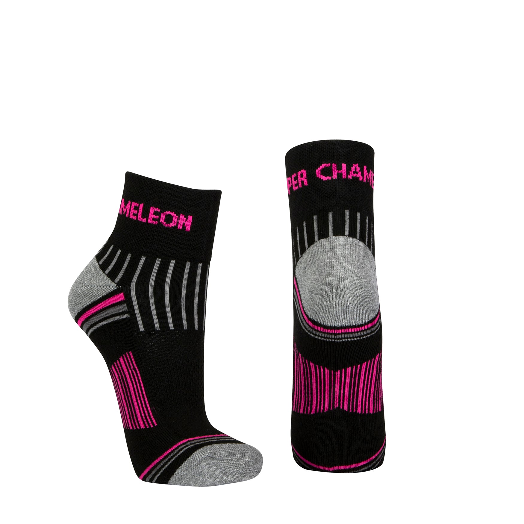 Black quarter length seamless toe sport sock with grey and neon pink stripes with a grey cushioned heel and toe.