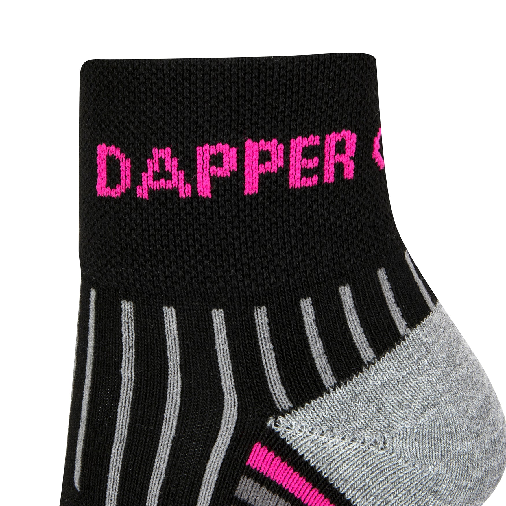 Side view of a black quarter length seamless toe sport sock with grey and neon pink stripes with a grey cushioned heel and  Dapper Chameleon wording in the cuff.