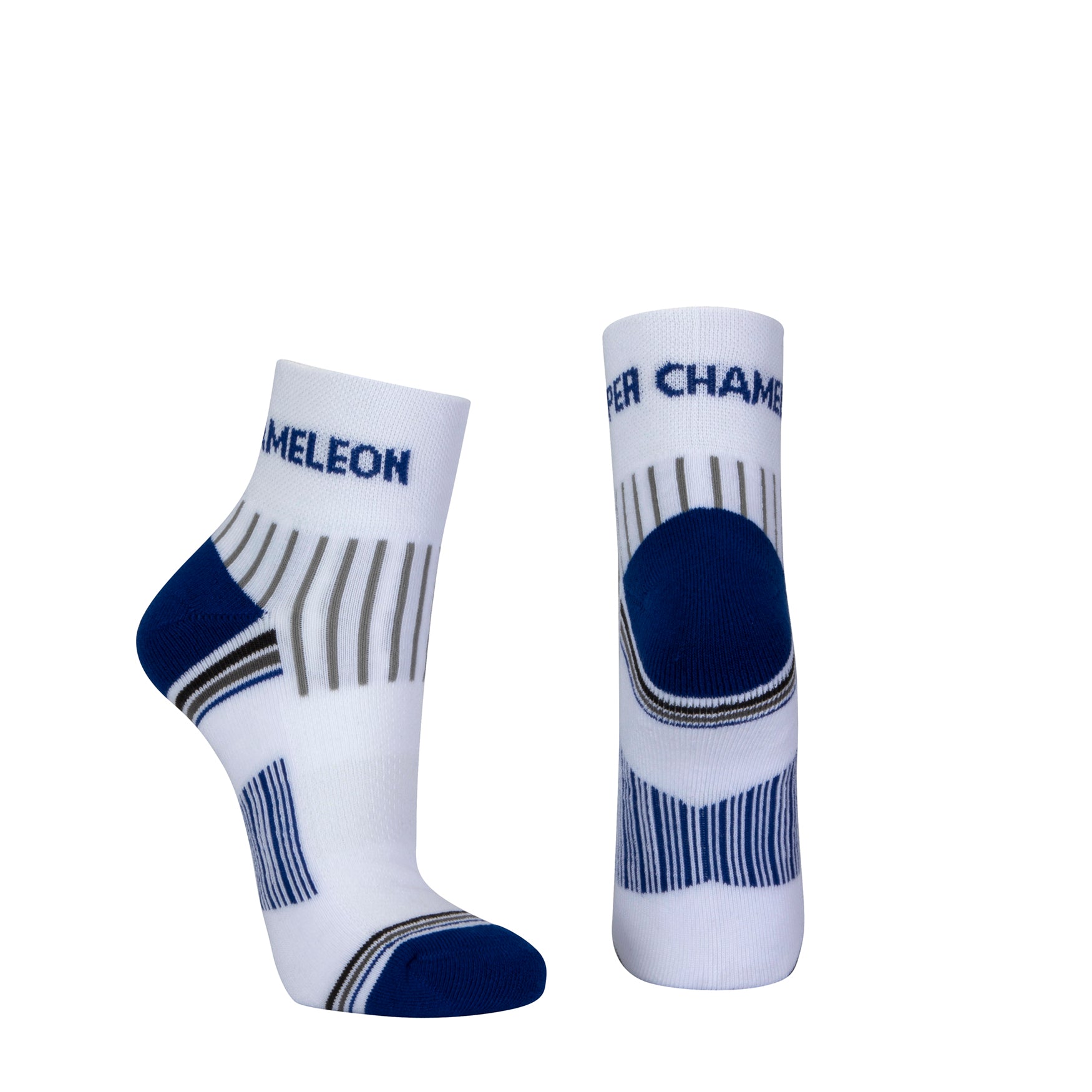 White quarter length seamless toe sport sock with grey and royal blue stripes with a royal blue cushioned heel and toe.