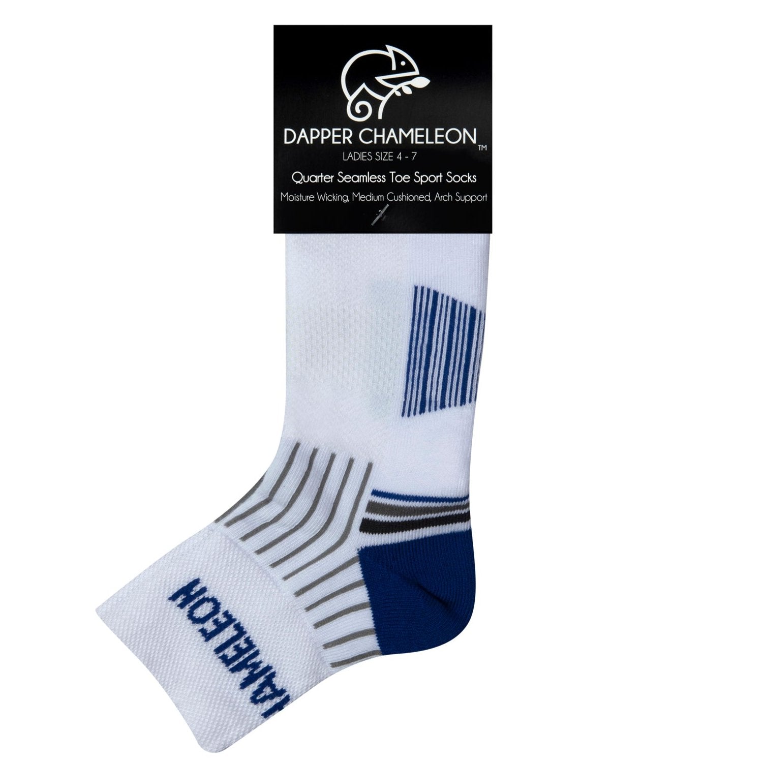 Header card packaging of a white quarter length seamless toe sport sock with grey and royal blue stripes with a royal blue cushioned heel and toe.