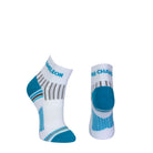 White quarter length seamless toe sport sock with grey and sky blue stripes with a sky blue cushioned heel and toe.