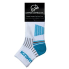 Header card packaging of a white quarter length seamless toe sport sock with grey and sky blue stripes with a sky blue cushioned heel and toe.