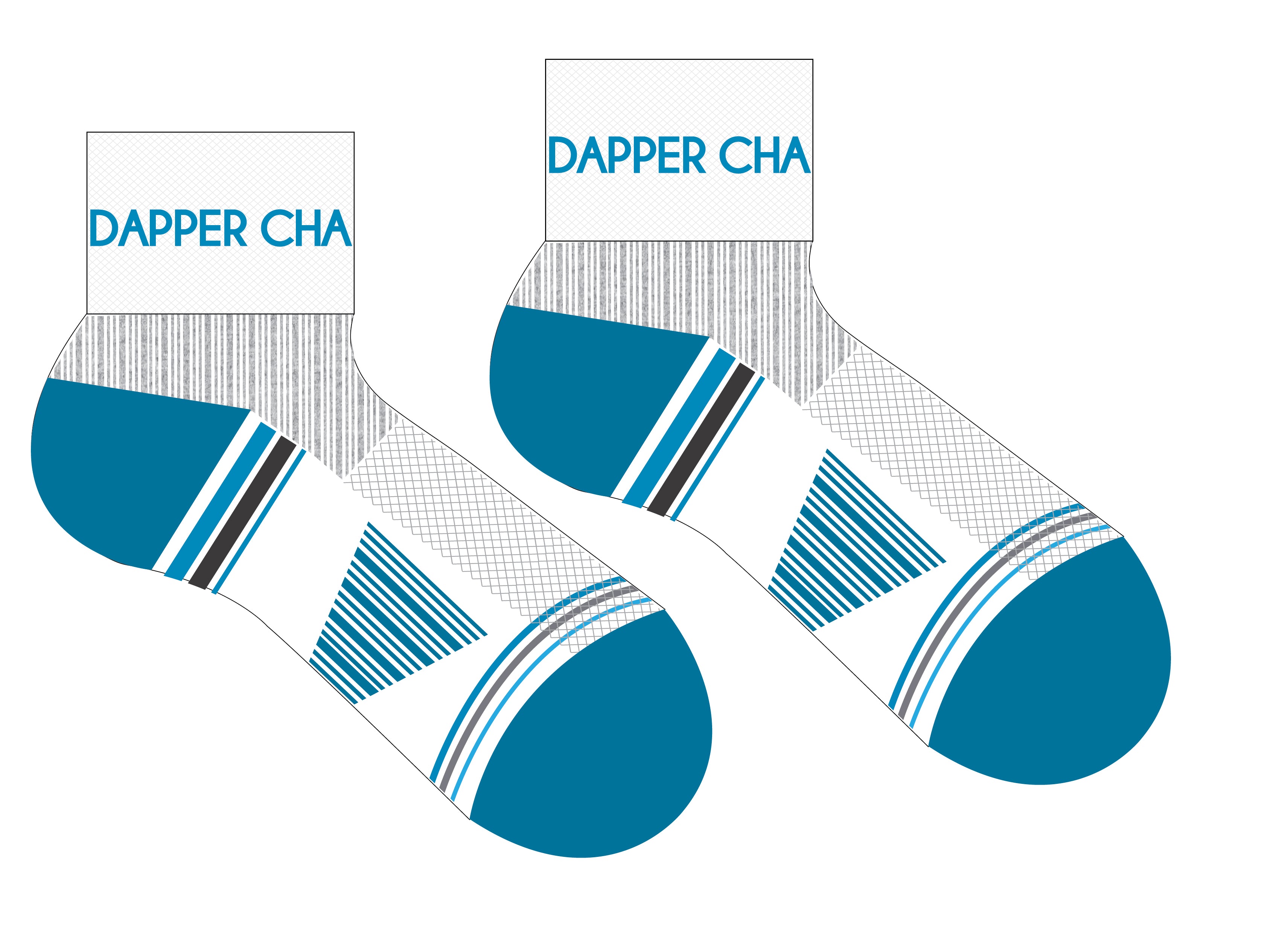 A Computer-Aided Design of a white quarter length seamless toe sport sock with grey and sky blue stripes with a sky blue cushioned heel and toe.