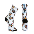 White seamless toe sock with bordercollie dog print design and black heel and toe.