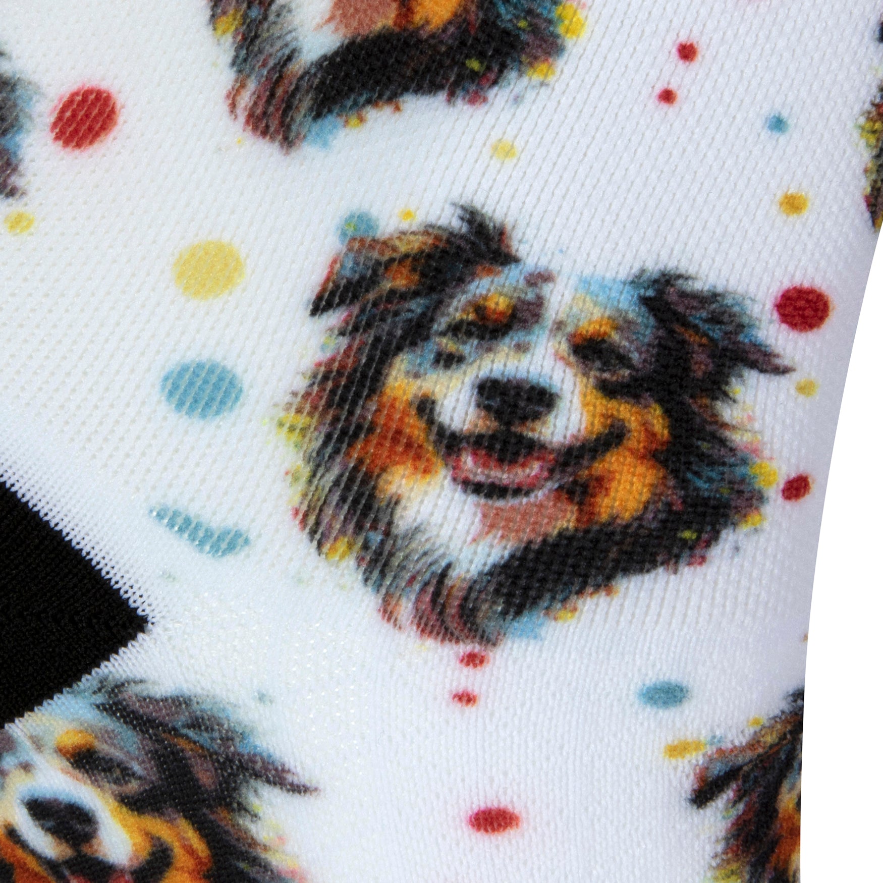 Textured heel view of a white seamless toe sock with bordercollie dog print design and black heel.