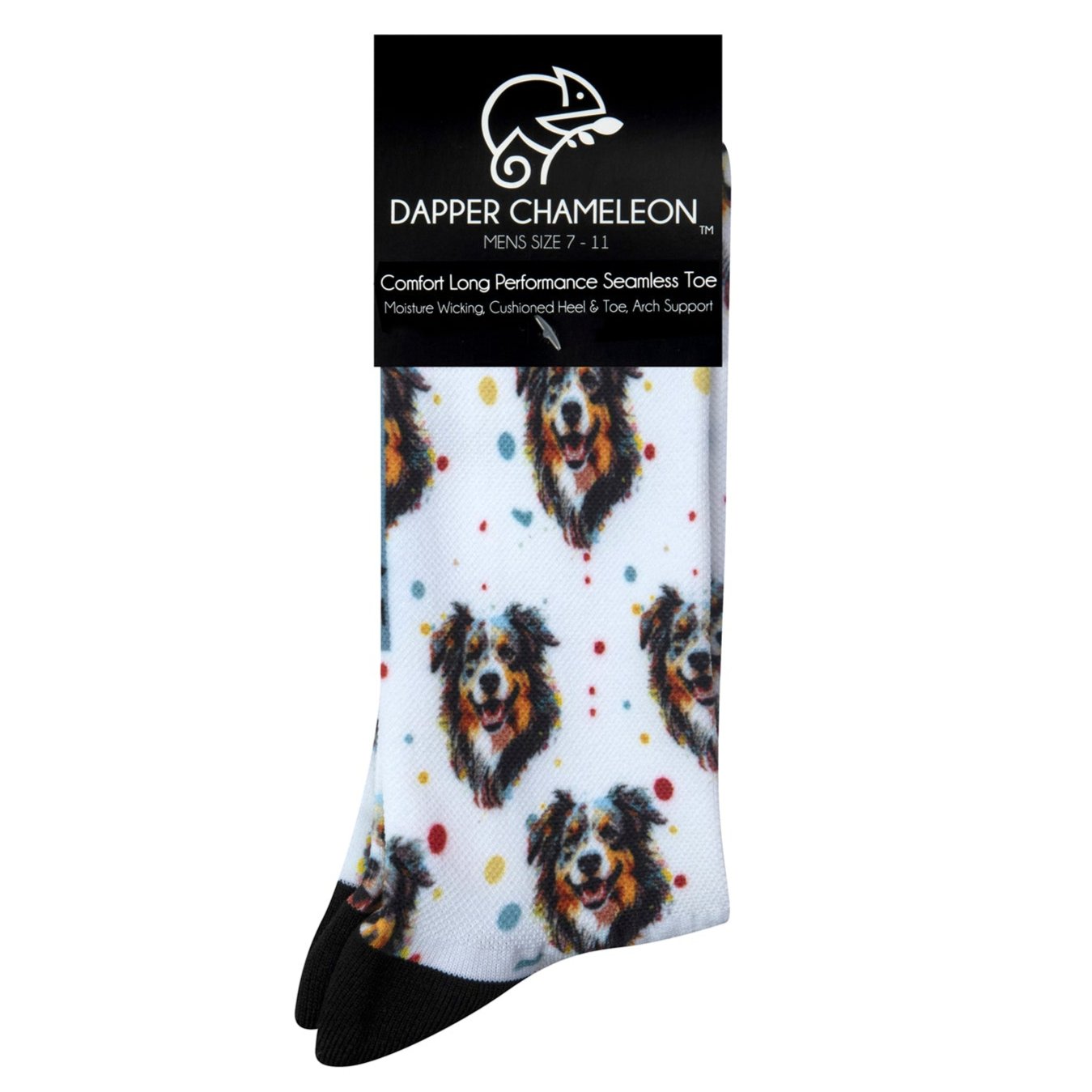 Header card packaging of a white seamless toe sock with bordercollie dog print design and black heel and toe.