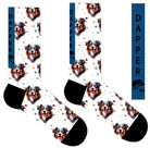 A Computer-Aided Design of a white seamless toe sock with bordercollie dog print design and black heel and toe.