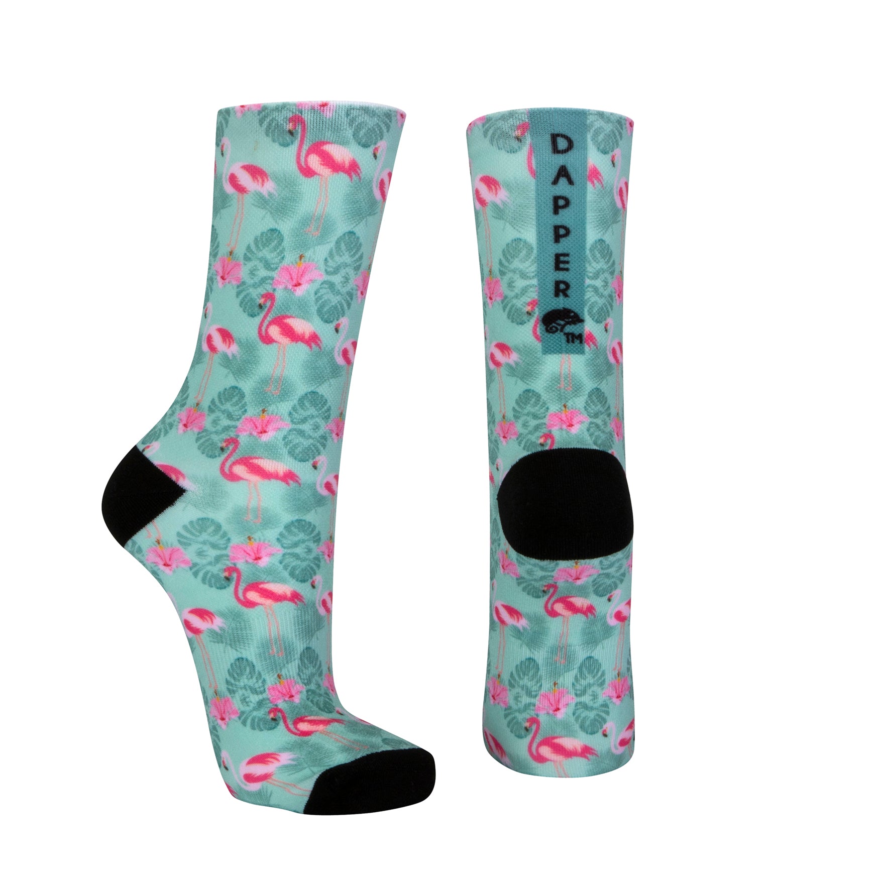 Pastel mint green seamless toe sock with pink flamingo and green tropical leaves design print and black heel and toe.