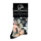 Header card packaging of a dark grey seamless toe sock with pastel hues of white, cream, yellow, and light pink frangipani print design and black heel and toe.