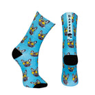 Bright sky blue seamless toe sock with French bulldog wearing yellow sunglasses print design and black heel and toe.