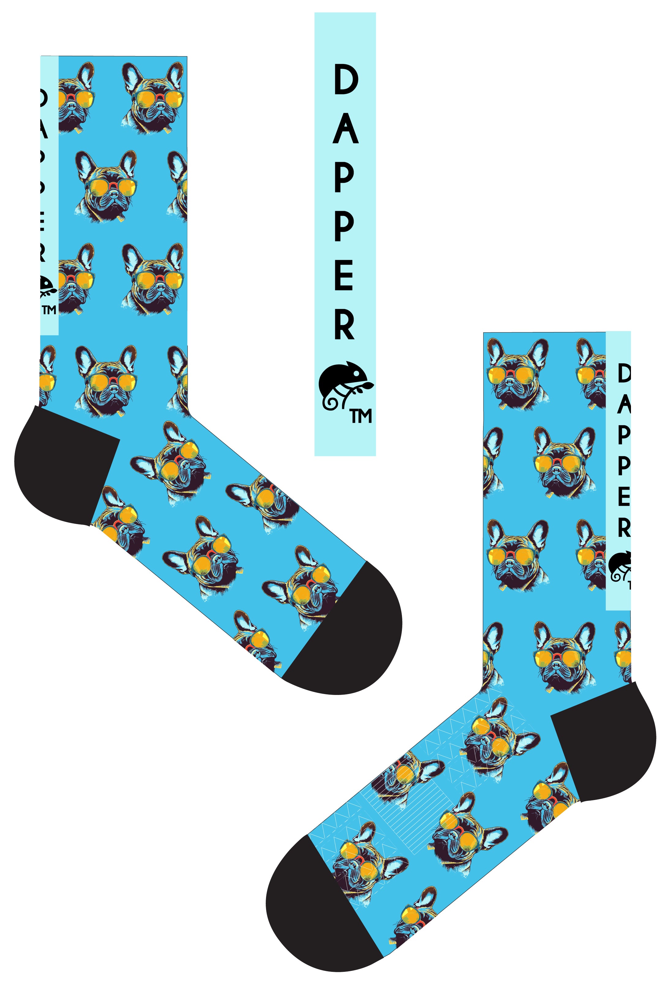 A Computer-Aided Design of a bright sky blue seamless toe sock with French bulldog wearing yellow sunglasses print design and black heel and toe.