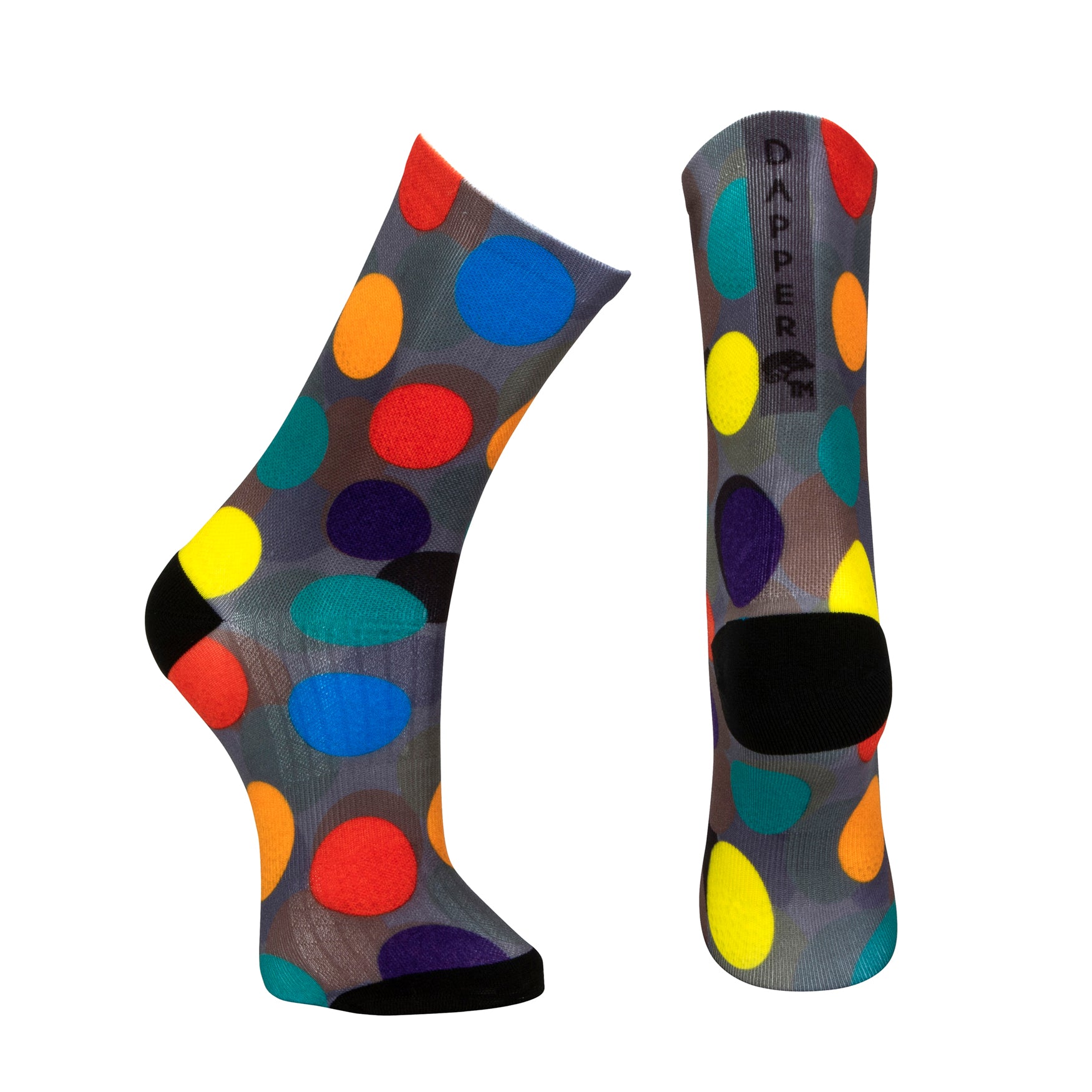 Dark grey seamless toe sock with colourful red, orange, blue, green and yellow golf balls print design and black heel and toe.