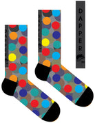 A Computer-Aided Design of a dark grey seamless toe sock with colourful red, orange, blue, green and yellow golf balls print design and black heel and toe.