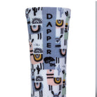 Back view of a white seamless toe sock with pastel Llama and  black cactus design print with a blue strip with Dapper Chameleon wording and logo in black.