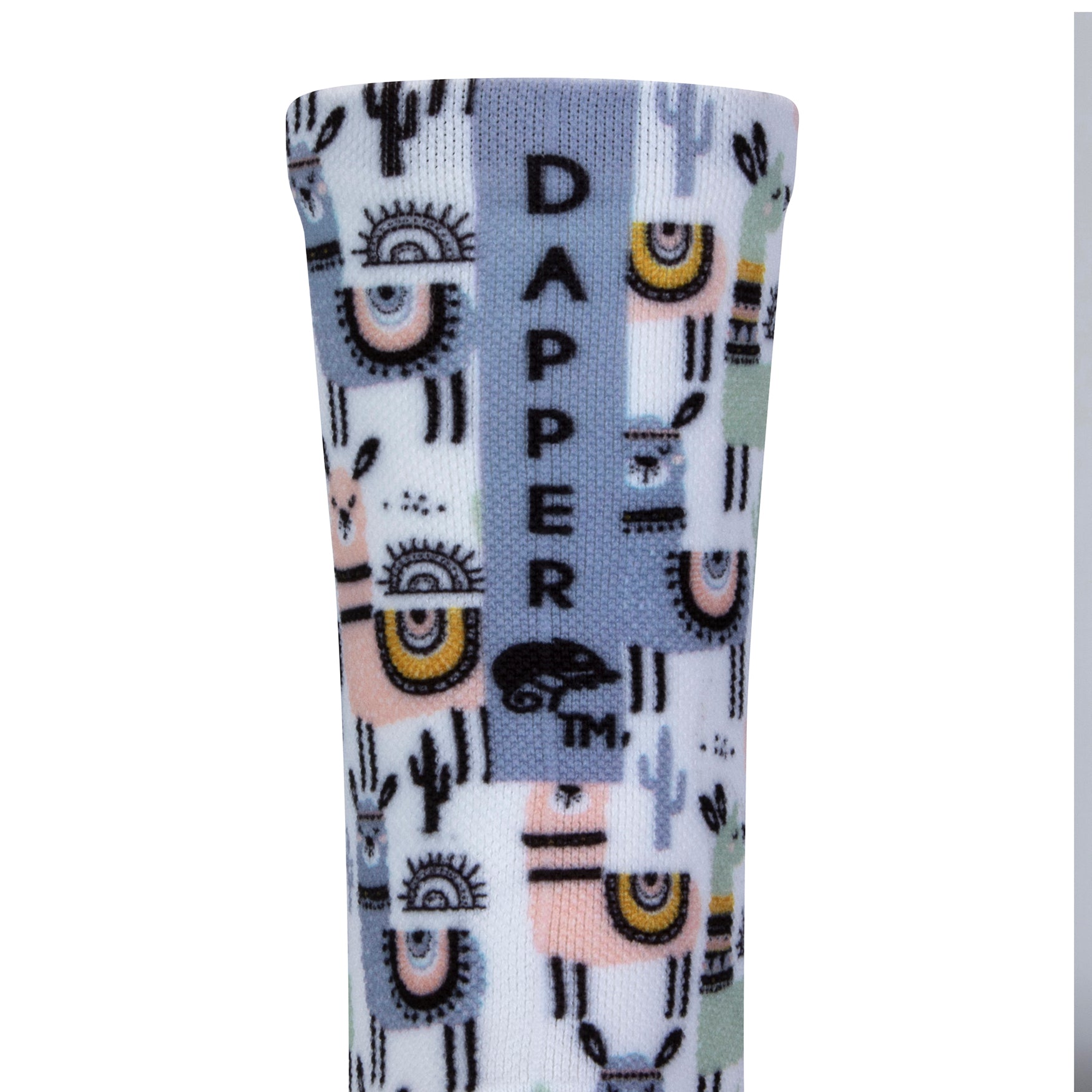 Back view of a white seamless toe sock with pastel Llama and  black cactus design print with a blue strip with Dapper Chameleon wording and logo in black.