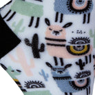 Textured heel view of a white seamless toe sock with pastel Llama and black cactus design print and black heel.