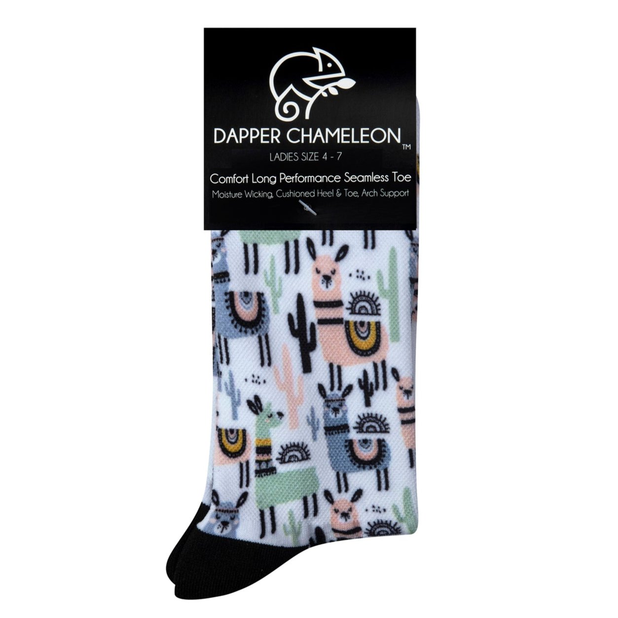 Header card packaging of a white seamless toe sock with pastel Llama and black cactus design print and black heel and toe.