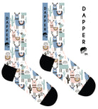 A Computer-Aided Design of a white seamless toe sock with pastel Llama and black cactus design print and black heel and toe.