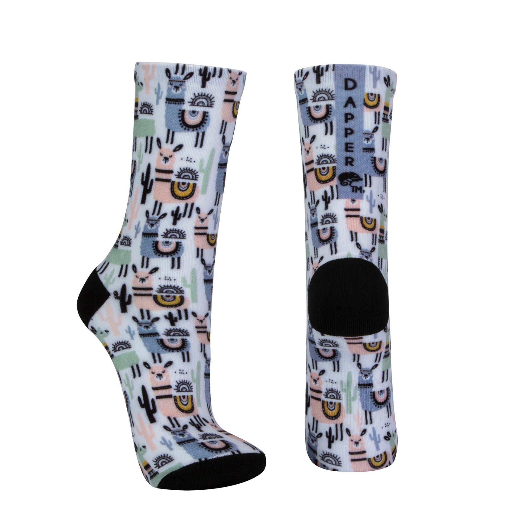 White seamless toe sock with pastel Llama and black cactus design print and black heel and toe.