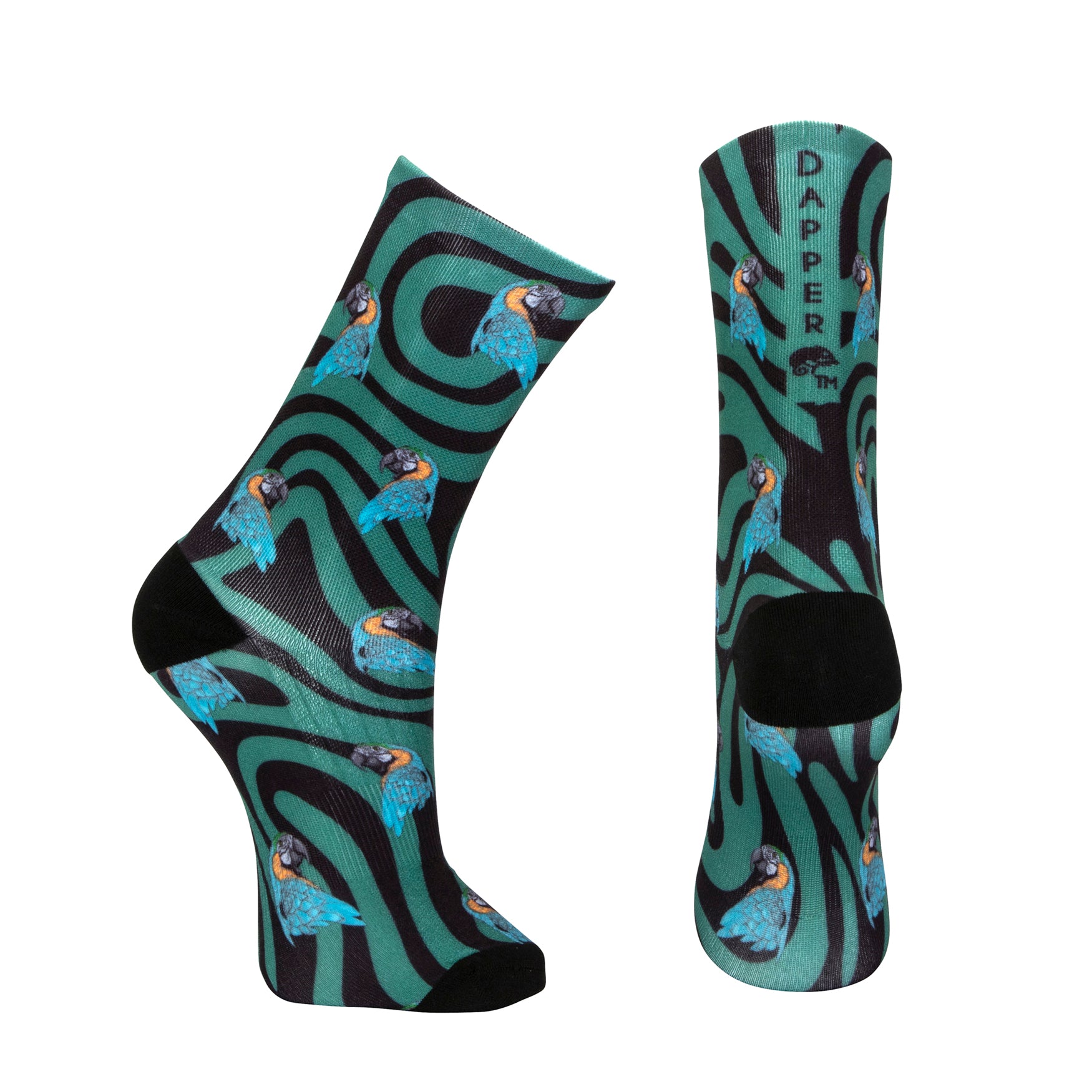 Black seamless toe sock with emerald green swirls and blue and yellow parrot design print and black heel and toe.