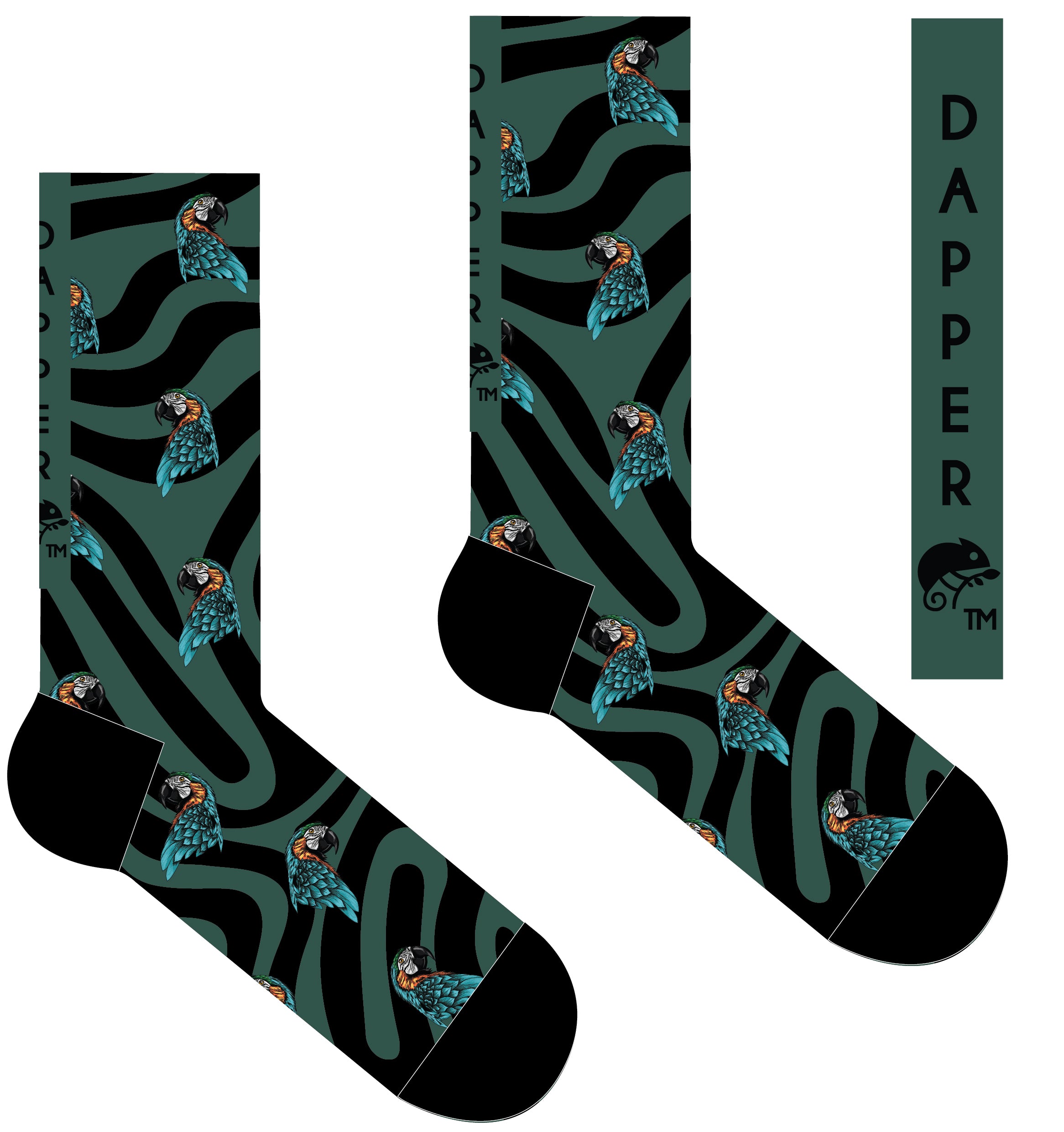 A Computer-Aided Design of a black seamless toe sock with emerald green swirls and blue and yellow parrot design print and black heel and toe.