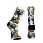 White seamless toe sock with bright toucans in the jungle design print and black heel and toe.