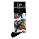 Header card packaging of a white seamless toe sock with bright toucans in the jungle design print and black heel and toe.