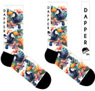 A Computer-Aided Design of a white seamless toe sock with bright toucans in the jungle design print and black heel and toe.