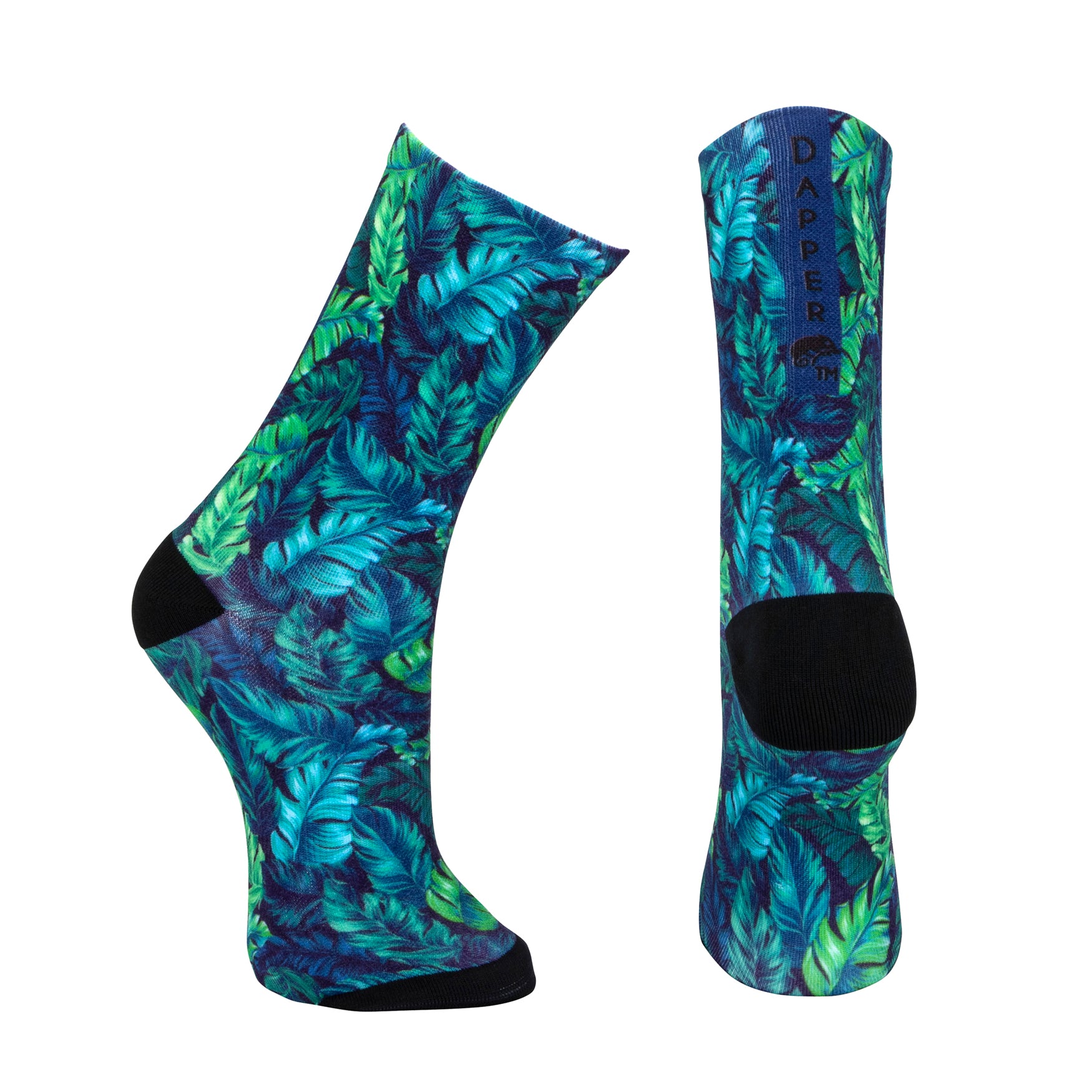 Blue seamless toe sock with green and blue topical fern design print and black heel and toe.