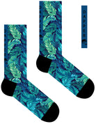 A Computer-Aided Design of a blue seamless toe sock with green and blue topical fern design print and black heel and toe.