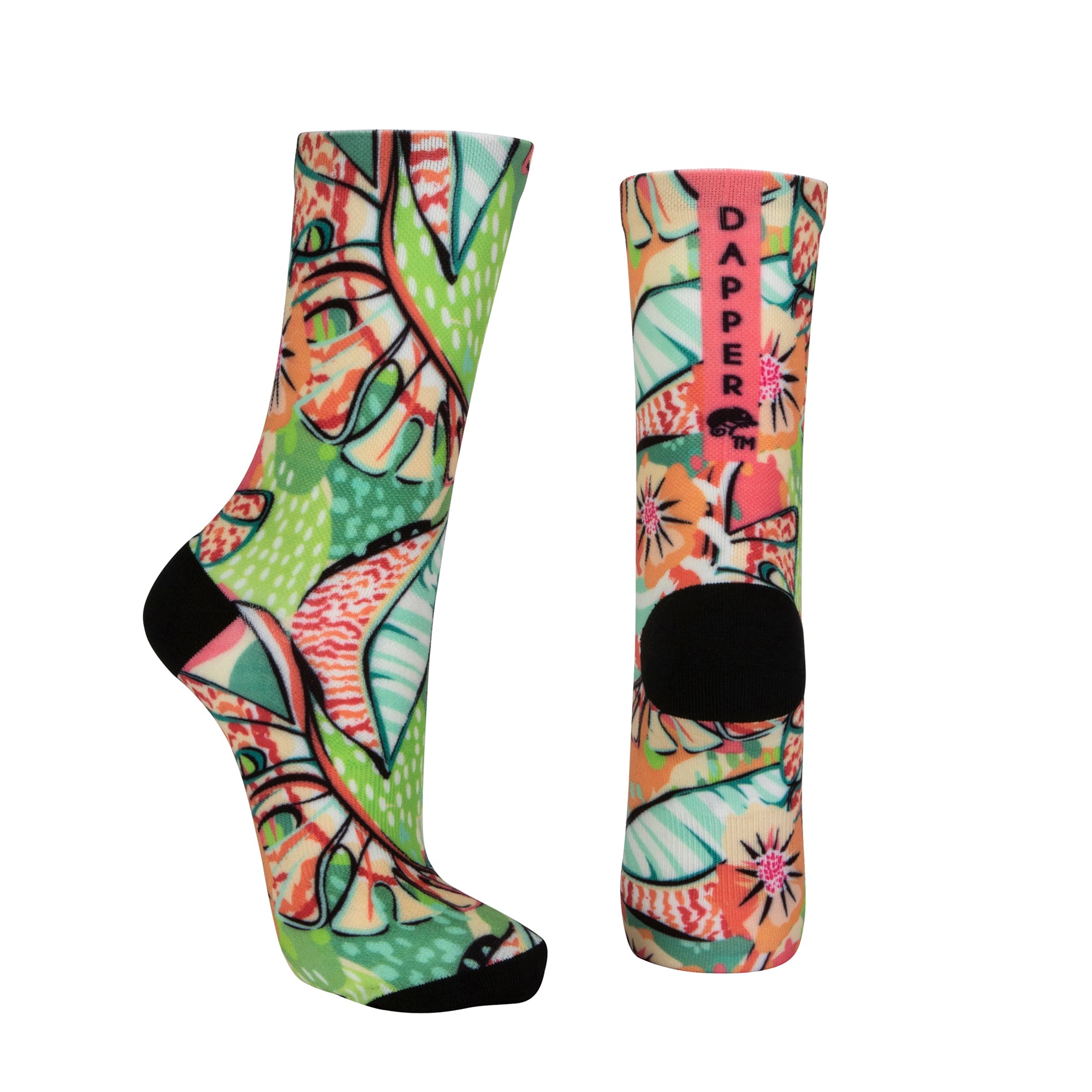 Seamless toe sock with multi-colour tropical plant and floral design print and black heel and toe.