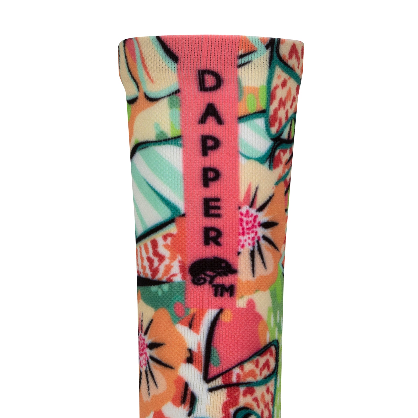 Back view of a seamless toe sock with multi-colour tropical plant and floral design print with a pink salmon strip with Dapper Chameleon wording and logo in black.