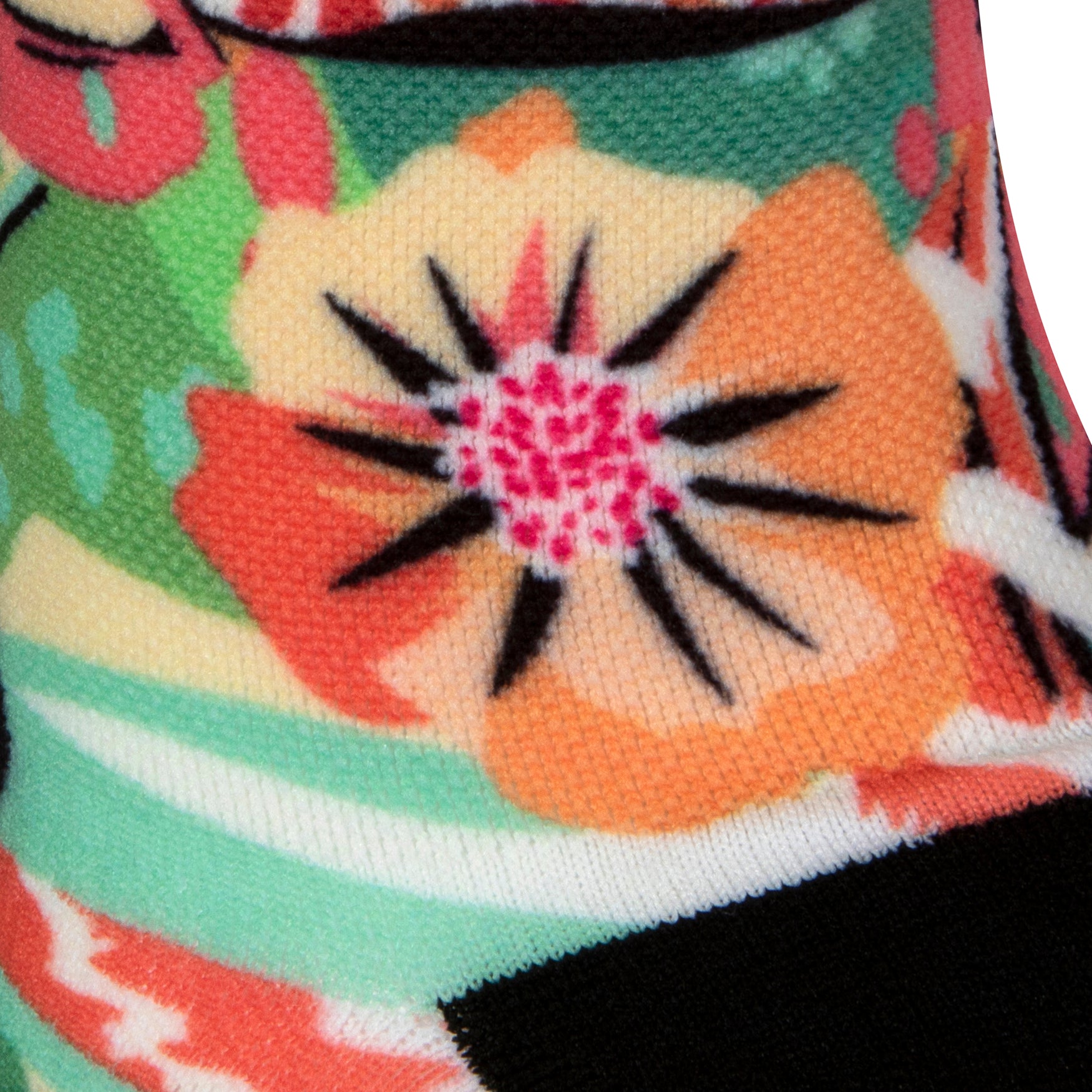 Textured heel view of a seamless toe sock with multi-colour tropical plant and floral design print and black heel.