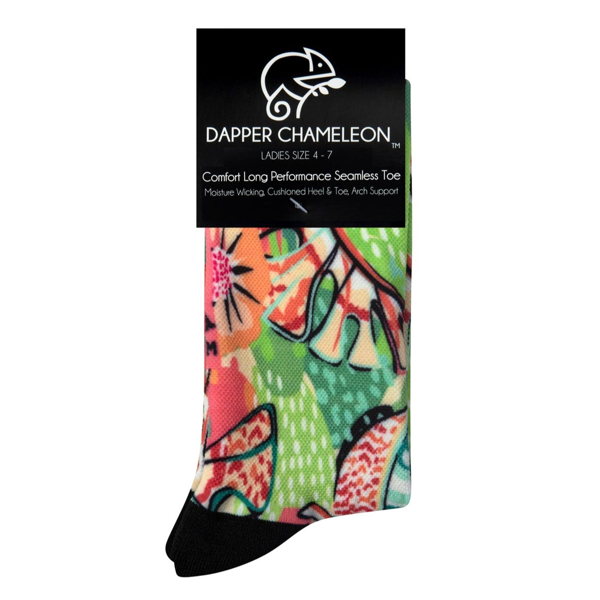 Header card packaging of a seamless toe sock with multi-colour tropical plant and floral design print and black heel and toe.