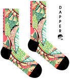 A Computer-Aided Design of a seamless toe sock with multi-colour tropical plant and floral design print and black heel and toe.