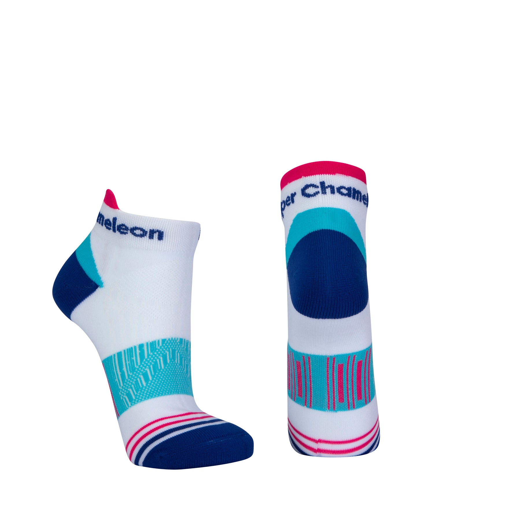 White seamless toe sport sock with sky blue and neon pink stripes with a royal blue cushioned heel and toe and neon pink lip.